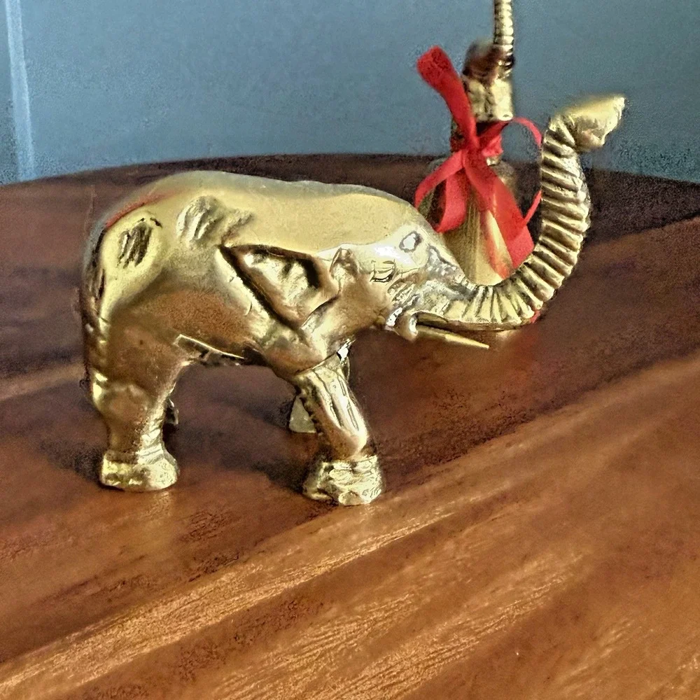 Lot of 2 Vintage Brass Elephants Figurine Bell Lucky Trunk Up Trinkets Mini